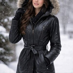 Wilson's Leather Jacket Coat Hooded Black w/ belt Medium